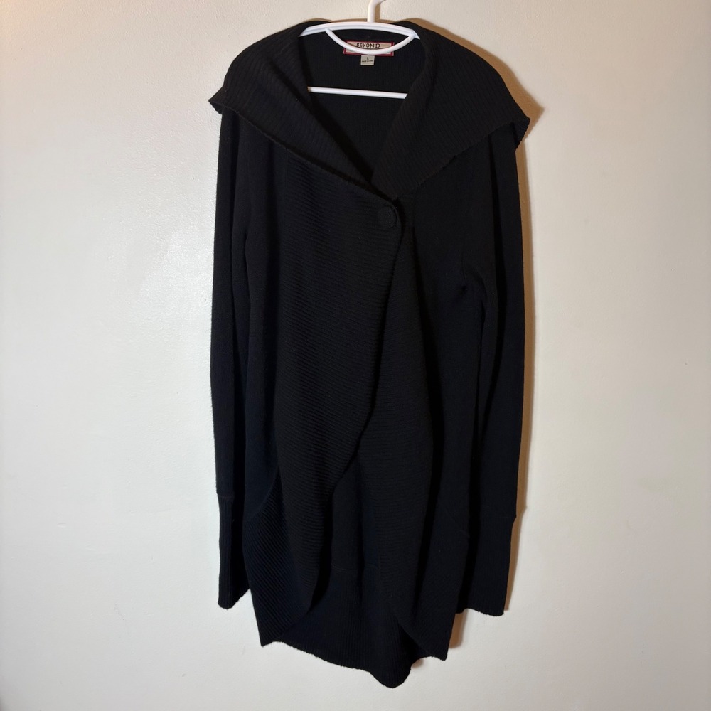 BEYOND THREADS Black Alpaca Wool Blend Asymmetrical Draped Cardigan Sweater L